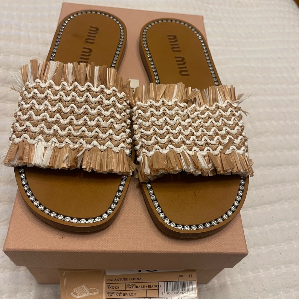 Miu Miu Raffia Rhinestone slides